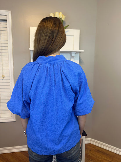 Ocean Blue Bubbled Sleeved Seersucker Top