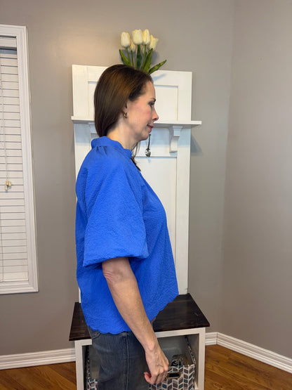 Ocean Blue Bubbled Sleeved Seersucker Top