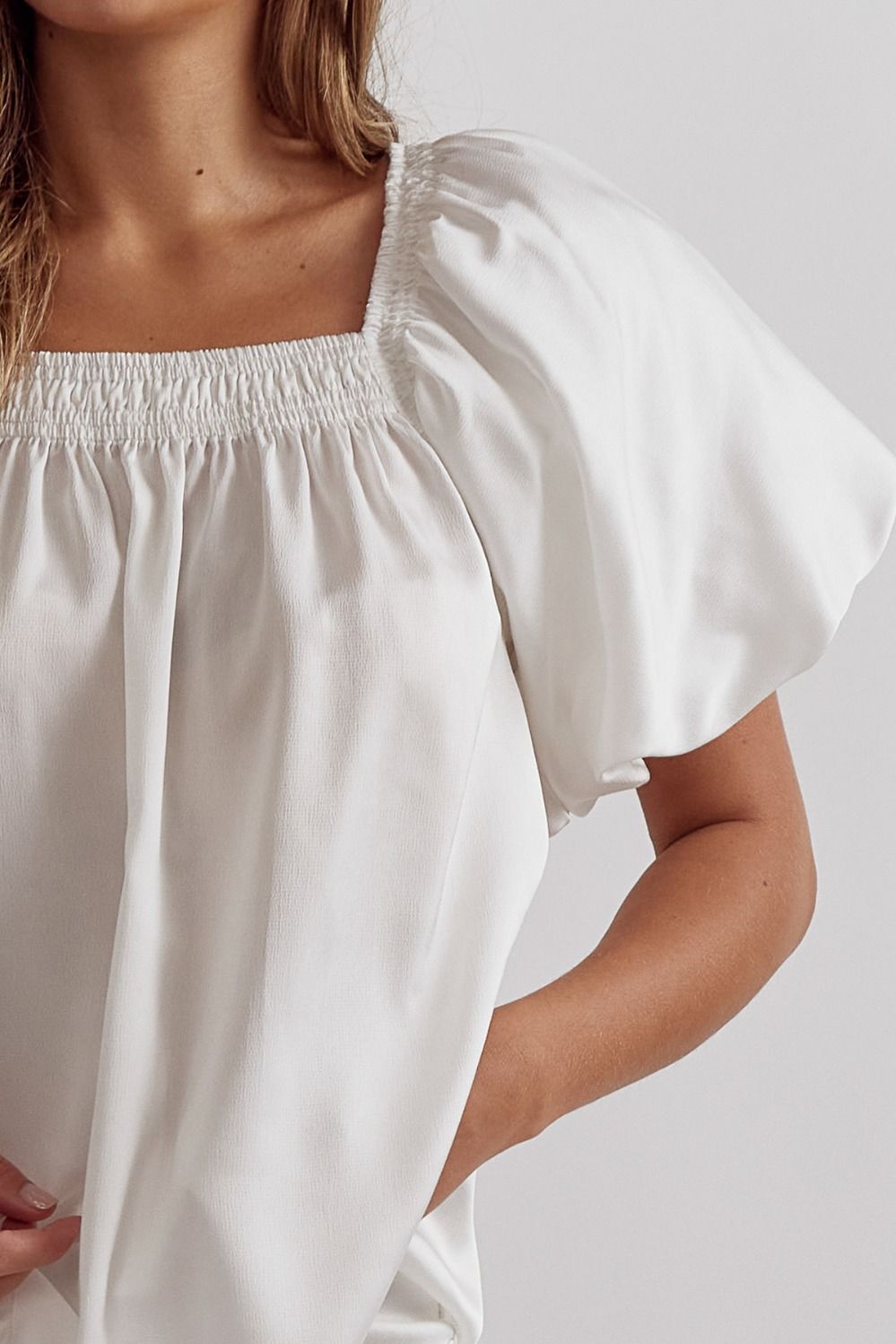 Off white satin square neck bubble sleeve top image 5