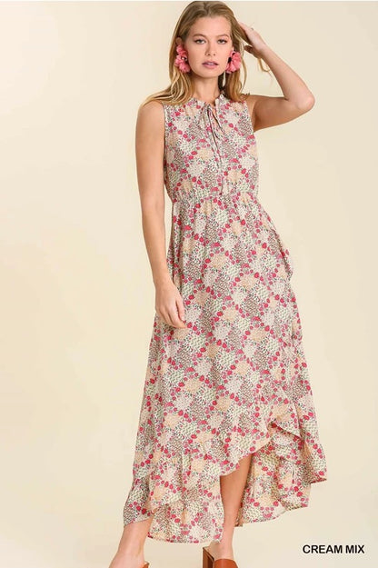 Floral Print Sleeveless Maxi Dress with Ruffle Trim Neck Line image 0
