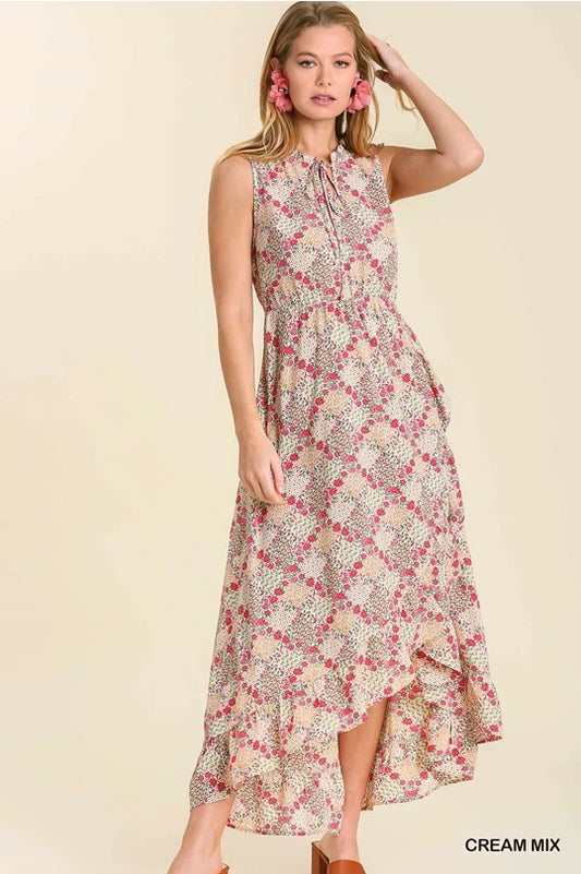 Floral Print Sleeveless Maxi Dress with Ruffle Trim Neck Line image 0