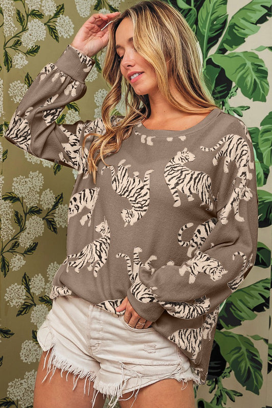 Tiger Printed Mire Brush Knit Pullover Top image 0