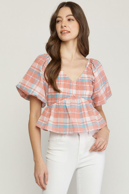 Peach plaid print v neck bubble sleeve peplum top image 0