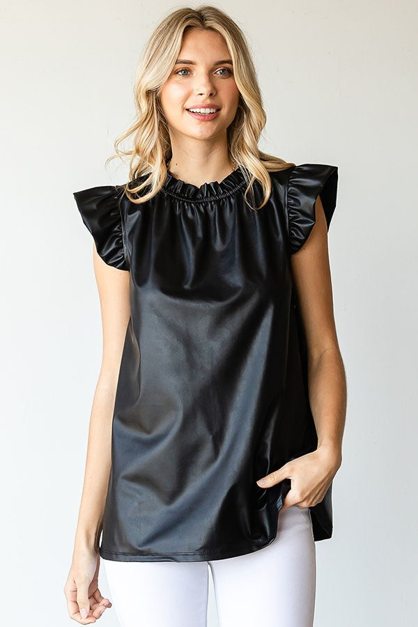 Faux Leather Ruffle Neck Flutter Sleeve Top image 0