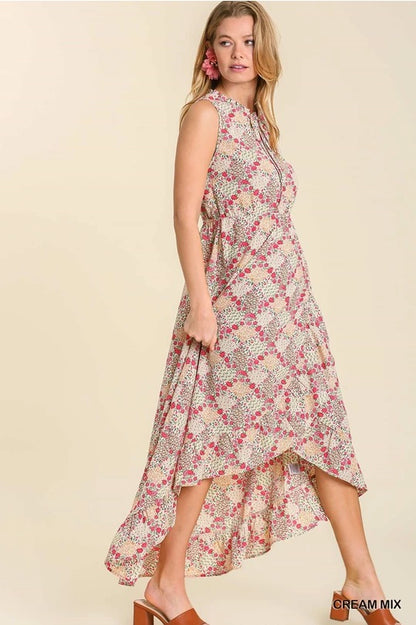 Floral Print Sleeveless Maxi Dress with Ruffle Trim Neck Line image 3