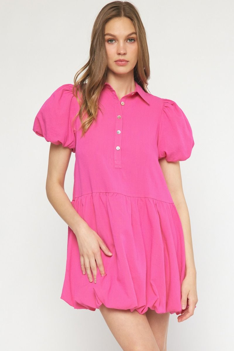 Hot pink solid collared button up dress featuring bubble hem and sleeves. image 0