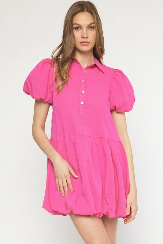 Hot pink solid collared button up dress featuring bubble hem and sleeves. image 0