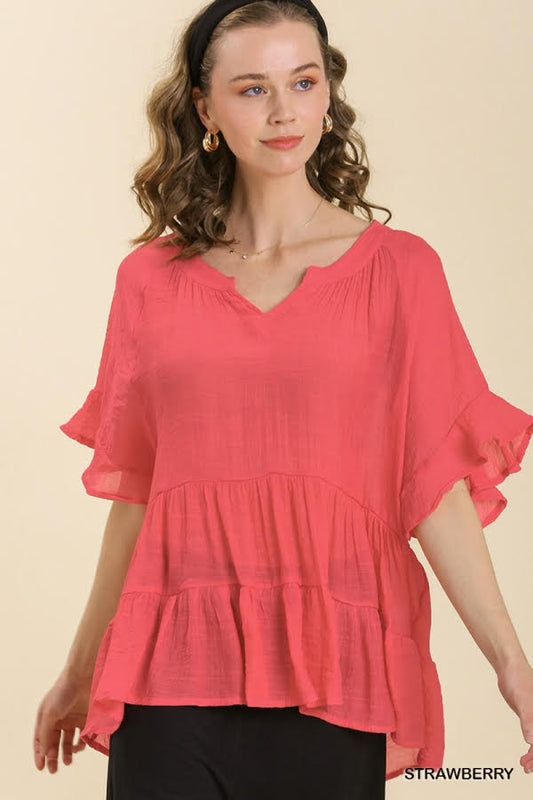 Mandarin Collar Split Neck Bell Ruffle Sleeve Tiered Top image 0