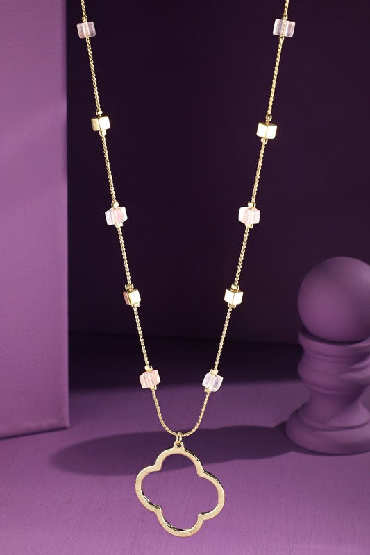 Rose quartz brass beaded necklace with clover pendant image 0