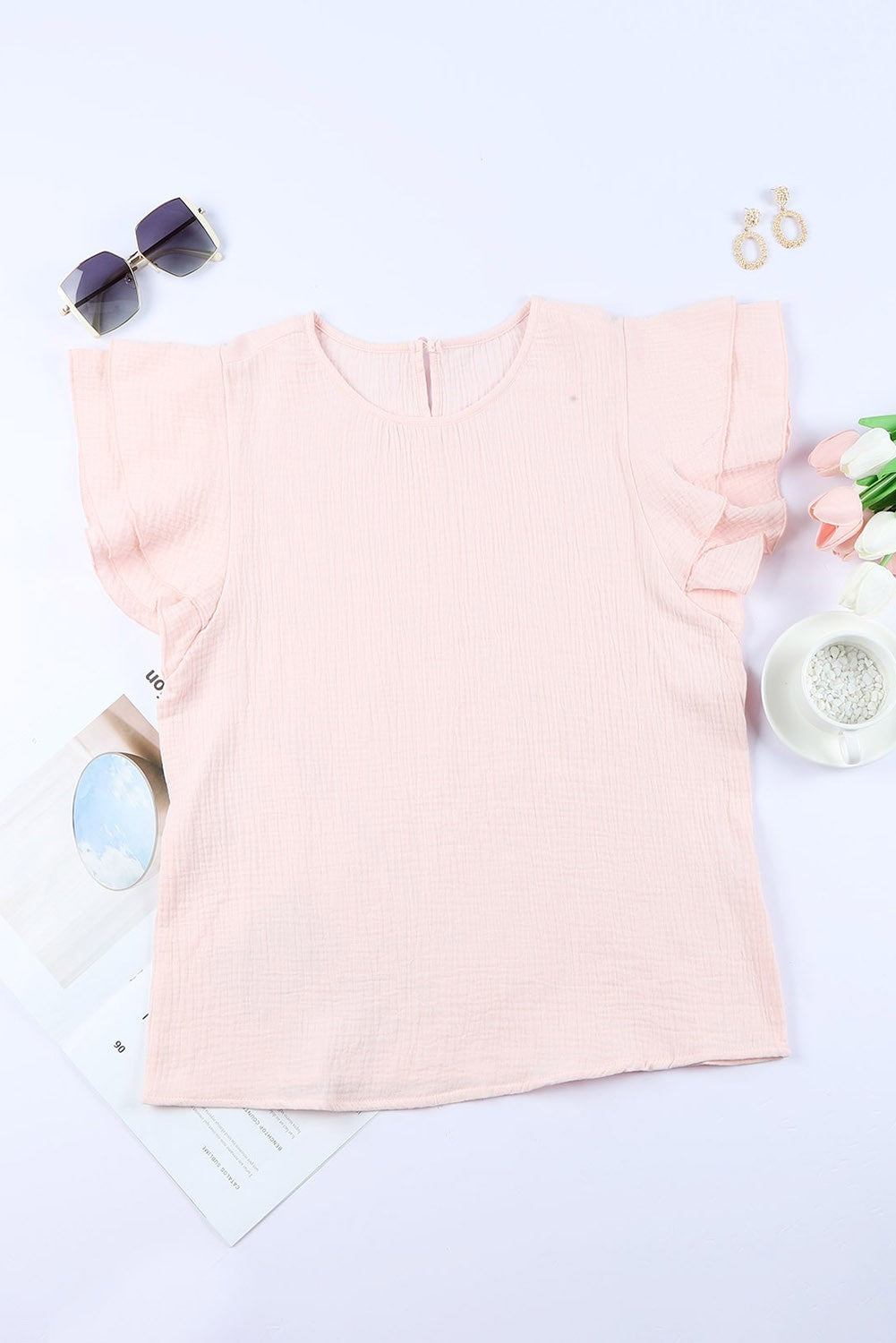 Pink Textured Tiered Ruffled Short Sleeve Bouse image 2