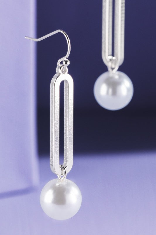 Silver pearl oval metal fishhook earrings image 0