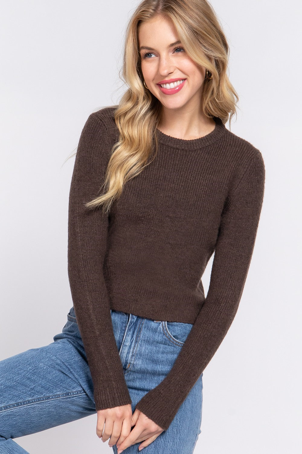Long Sleeve Crew Neck Sweater Top - Brown image 1