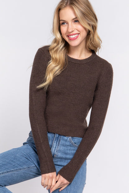 Long Sleeve Crew Neck Sweater Top - Brown image 1