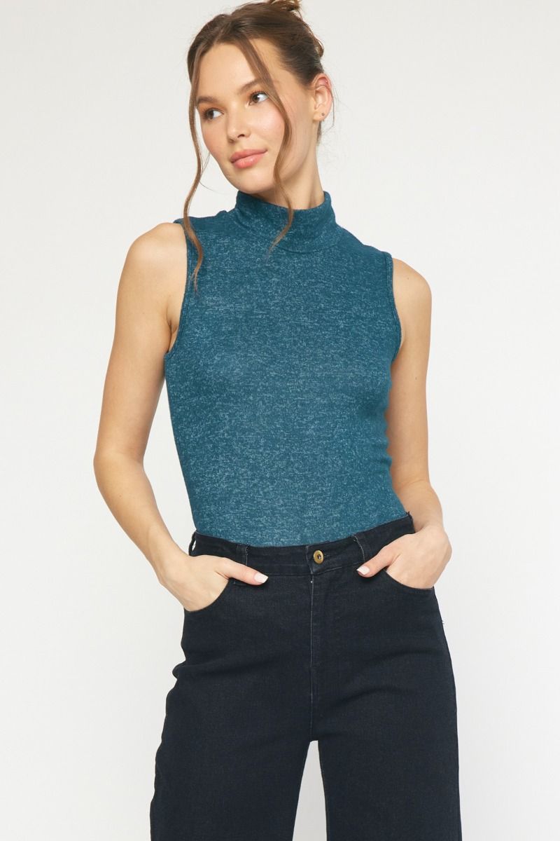 Green mock neck sleeveless bodysuit. image 1