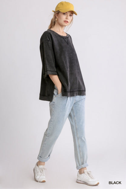 Black Mineral Wash Crew Neck 3/4 Sleeve Top with Side Split image 2
