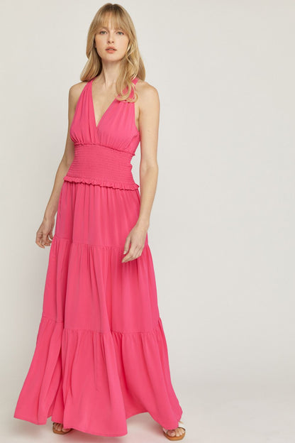 Pink solid v-neck sleeveless tiered maxi dress  image 3