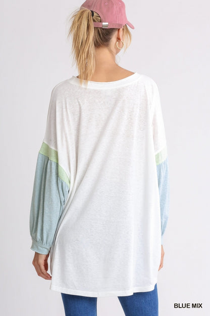 Colorblock Balloon Sleeve Tunic Dress with a Scoop Neck image 1