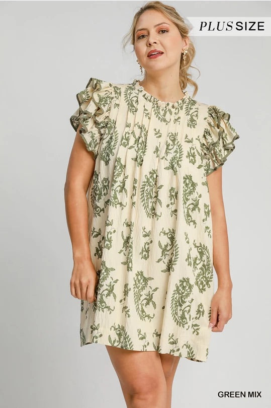 (W) Green Mix Paisley Print Tiered Mini Dress image 0