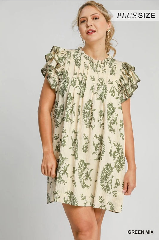 (W) Green Mix Paisley Print Tiered Mini Dress image 0