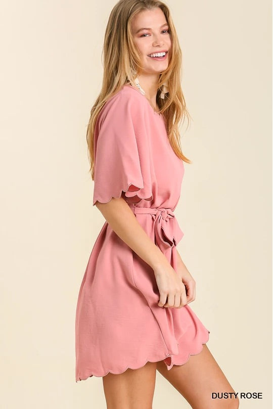 Bell Sleeve Scalloped Round Neck Dress with Waist Tie and Scalloped Hem & No Lin image 3