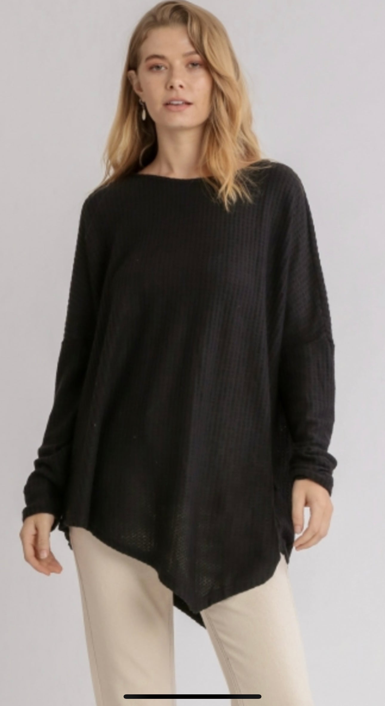 Black Waffle Knit Long Sleeve Round Neck Top with Asymmetrical Hem image 0