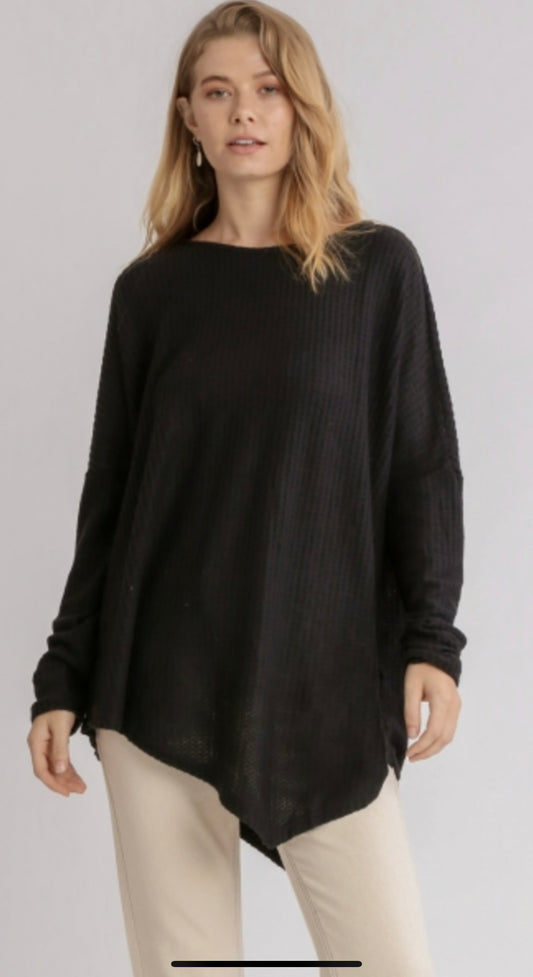 Black Waffle Knit Long Sleeve Round Neck Top with Asymmetrical Hem image 0