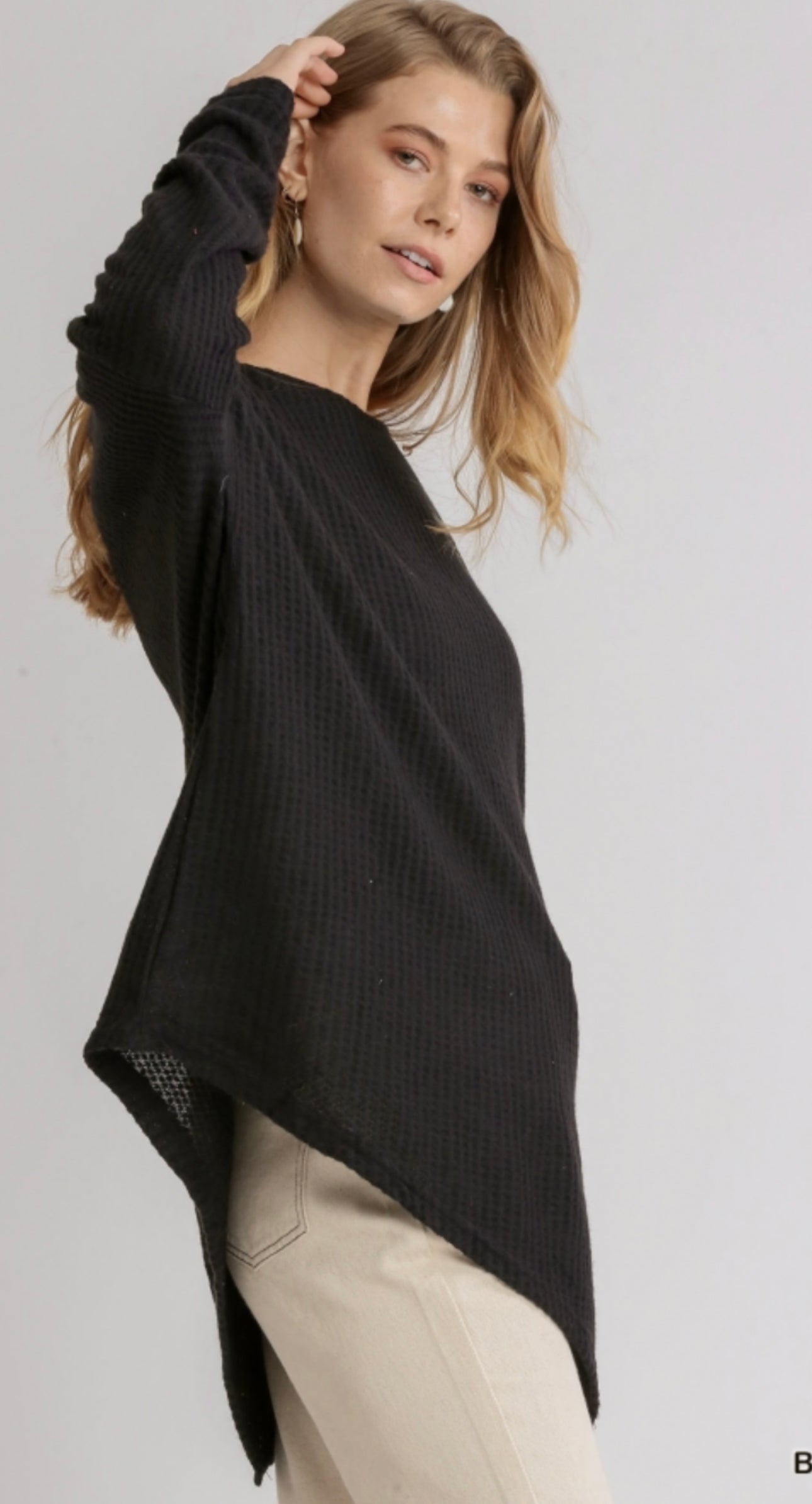 Black Waffle Knit Long Sleeve Round Neck Top with Asymmetrical Hem image 2