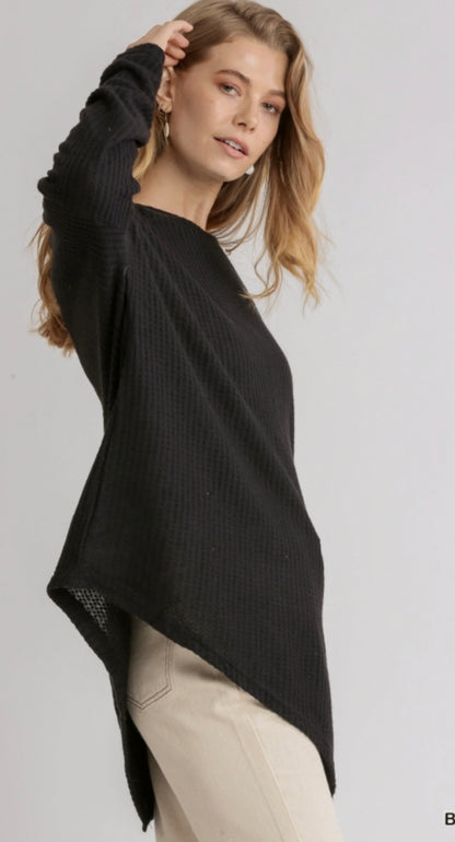 Black Waffle Knit Long Sleeve Round Neck Top with Asymmetrical Hem image 2