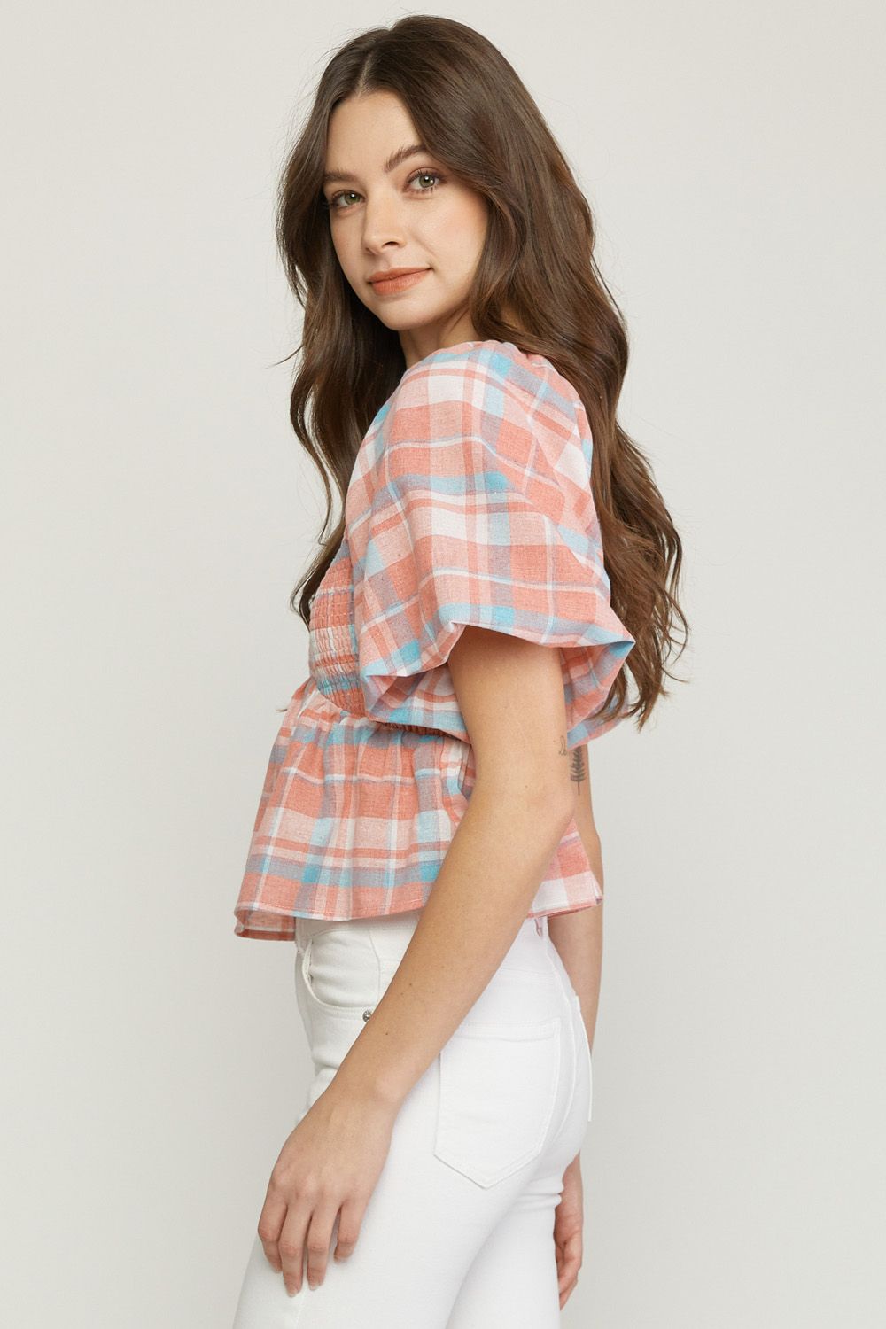 Peach plaid print v neck bubble sleeve peplum top image 2