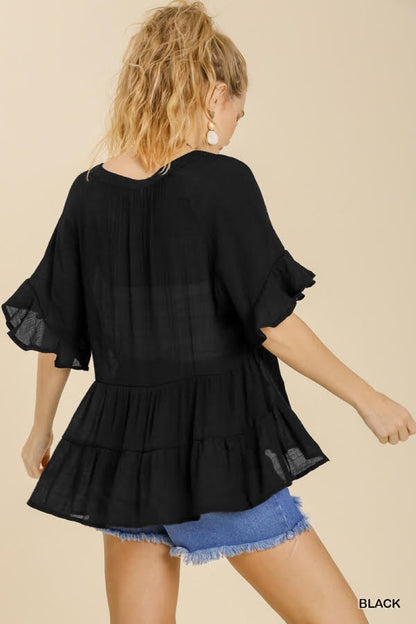 Mandarin Collar Split Neck Bell Ruffle Sleeve Tiered Top image 3
