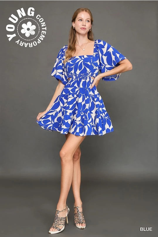 Blue Abstract Print Detailed Dress image 2