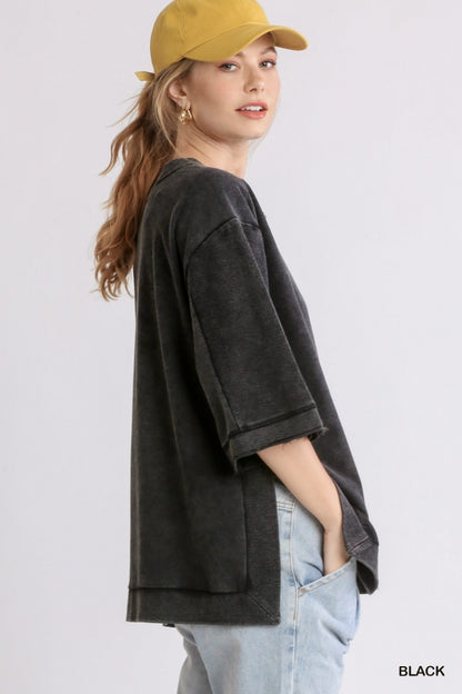 Black Mineral Wash Crew Neck 3/4 Sleeve Top with Side Split image 3