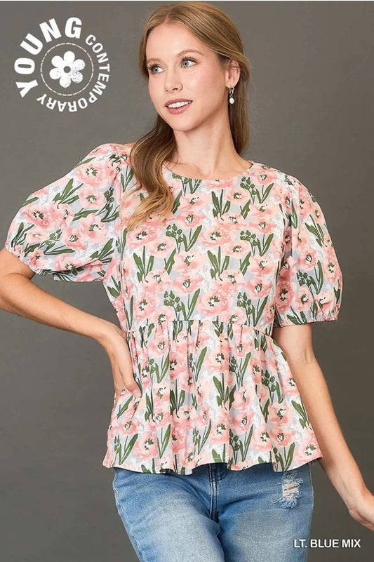 Floral Print Peplum Top with Back Ribbon Details image 0