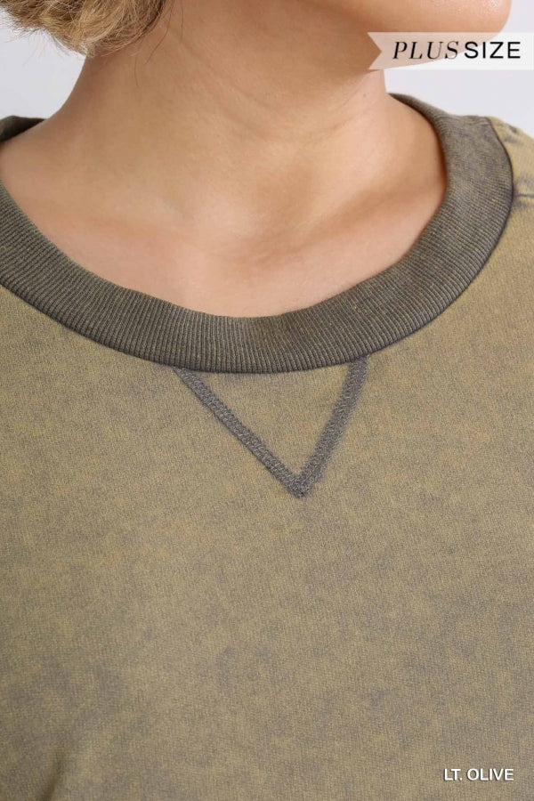 Lt Olive Mineral Wash Crew Neck 3/4 Sleeve Top with Side Splits image 5