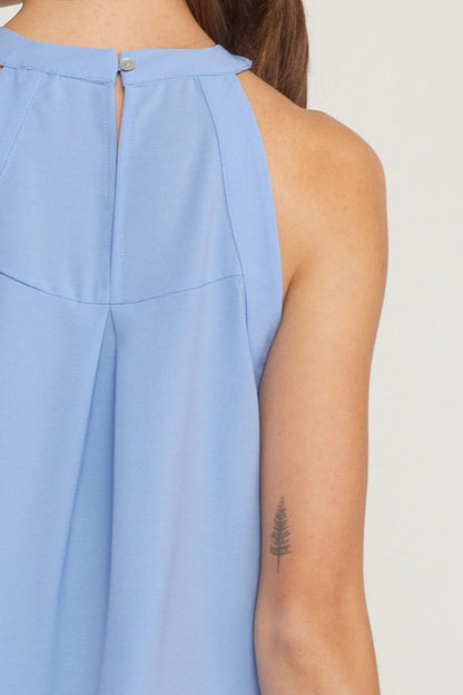 Periwinkle solid halter neck sleeveless top featuring crochet detail at front.  image 6