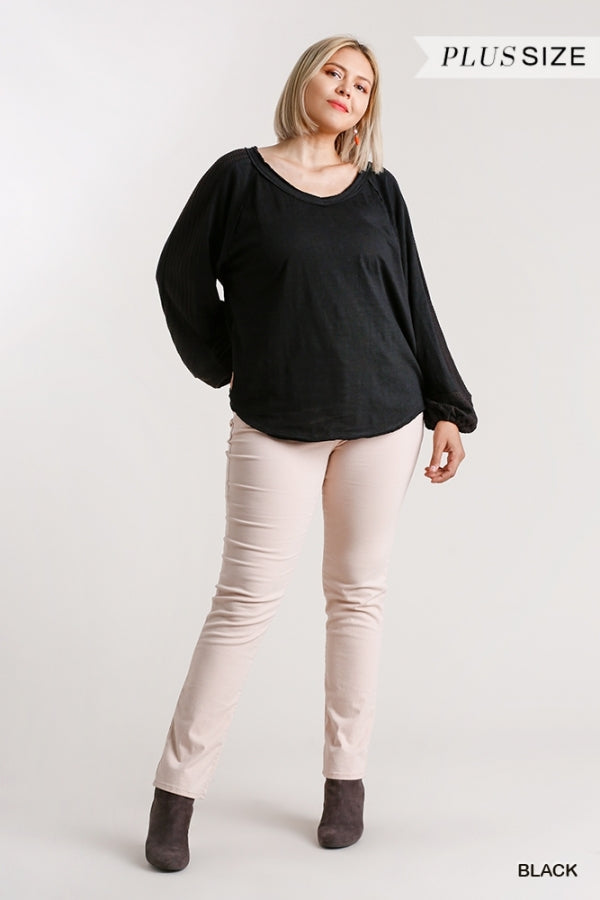 Wide Neck Top with Raw Edged Details and Contrast Knit on Puff Sleeves image 1