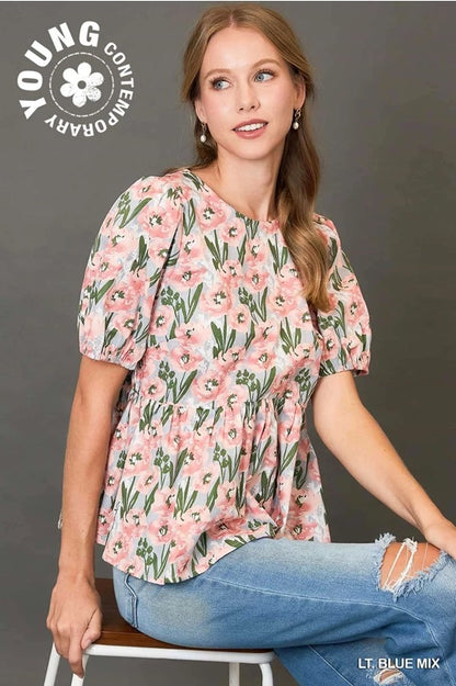Floral Print Peplum Top with Back Ribbon Details image 2