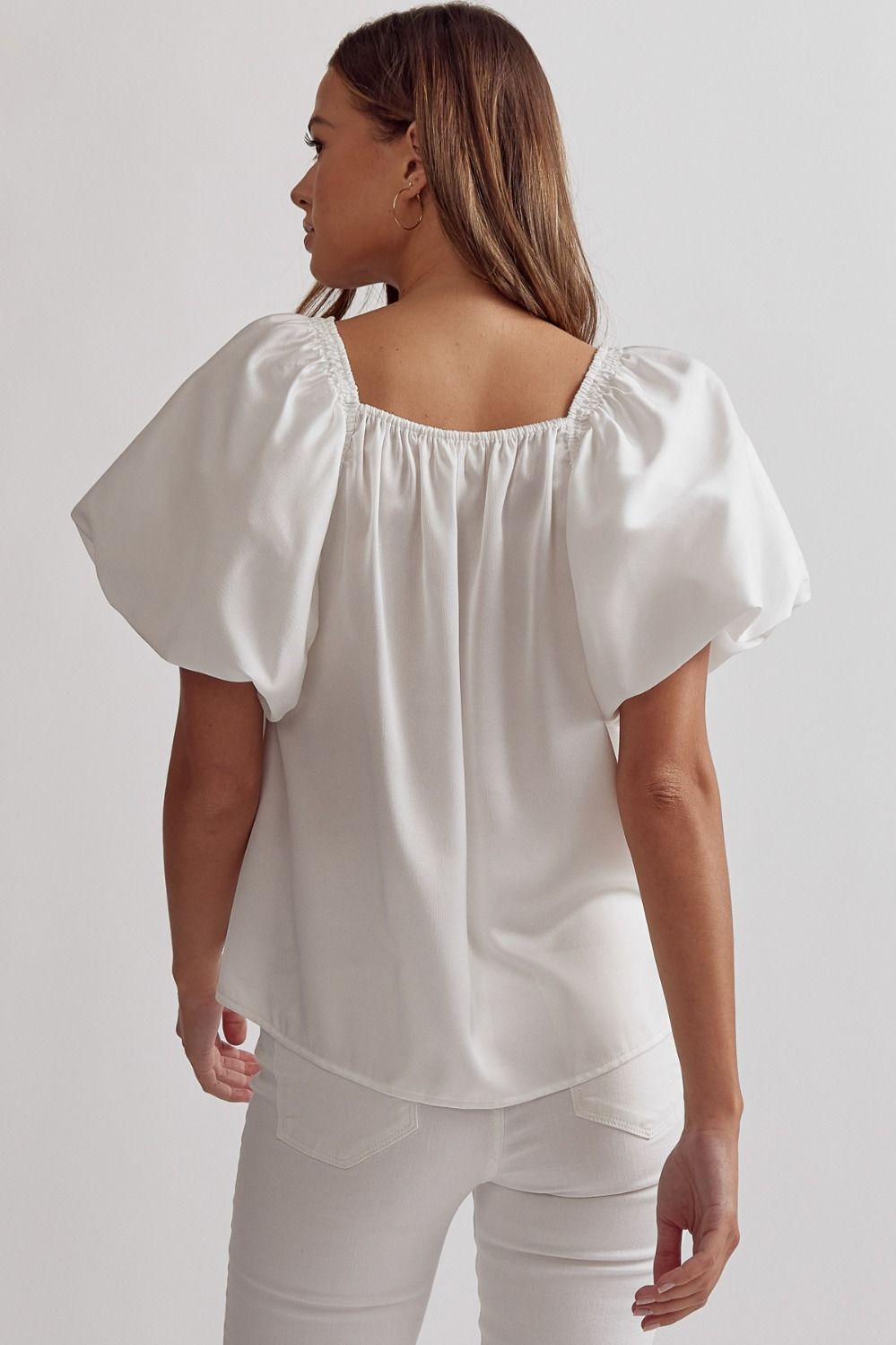 Off white satin square neck bubble sleeve top image 3