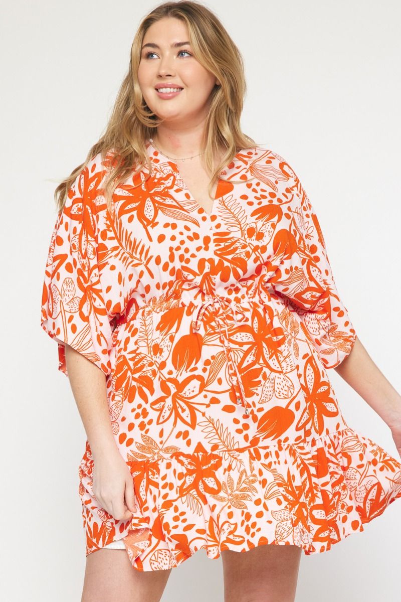 Orange Floral print v-neck 1/2 sleeve mini dress image 7