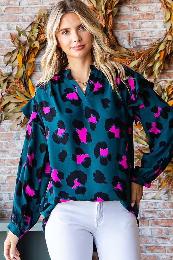 Leopard Print Split Neck Long Sleeve Blouse image 10