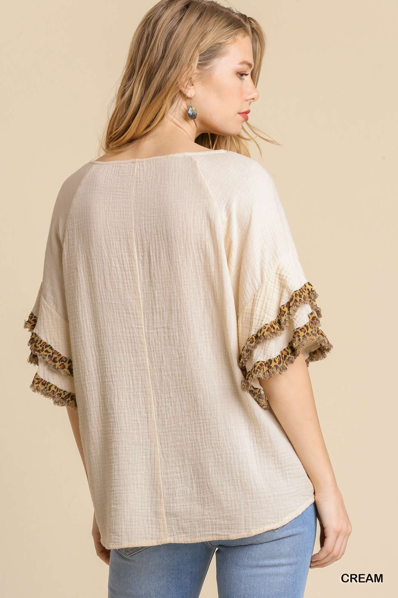 Gauze Layered Animal Print Ruffle Short Sleeve Round Neck Top with Frayed Hem image 2