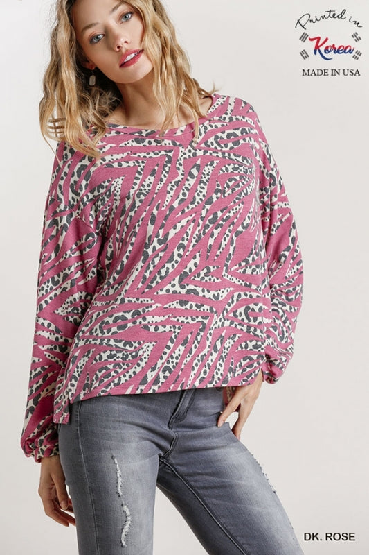 Dk Rose French Terry Animal Print Round Neck Long Sleeve Top with Side Slits image 0