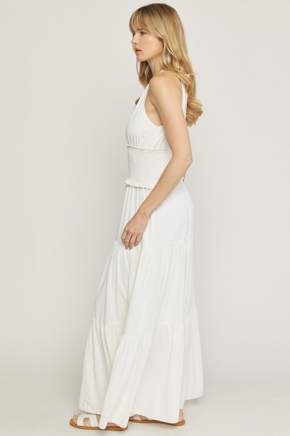 White solid v-neck sleeveless tiered maxi dress image 2