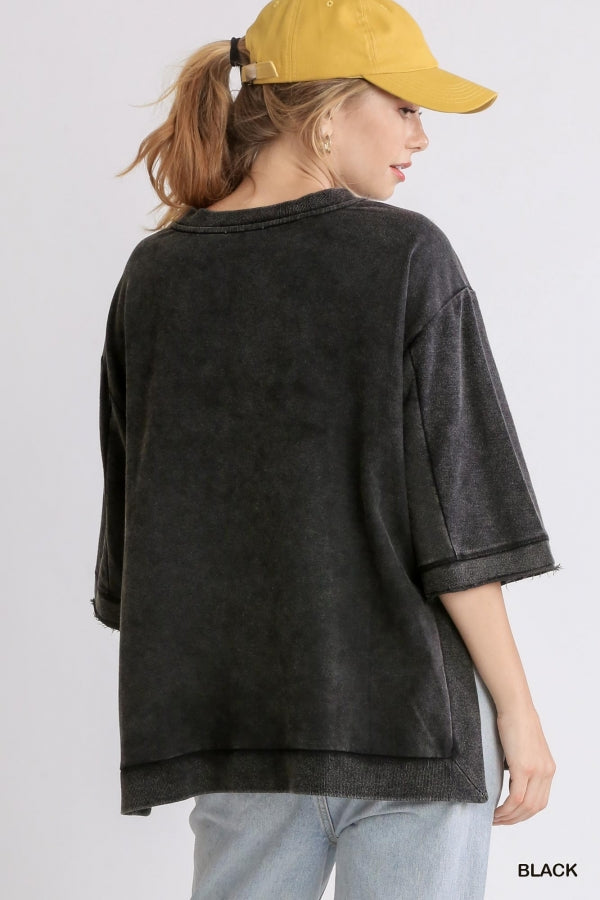 Black Mineral Wash Crew Neck 3/4 Sleeve Top with Side Split image 1