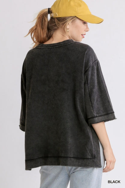 Black Mineral Wash Crew Neck 3/4 Sleeve Top with Side Split image 1