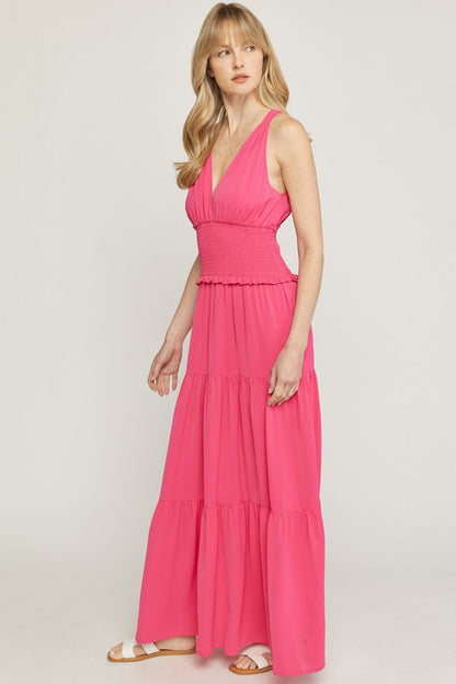 Pink solid v-neck sleeveless tiered maxi dress  image 1