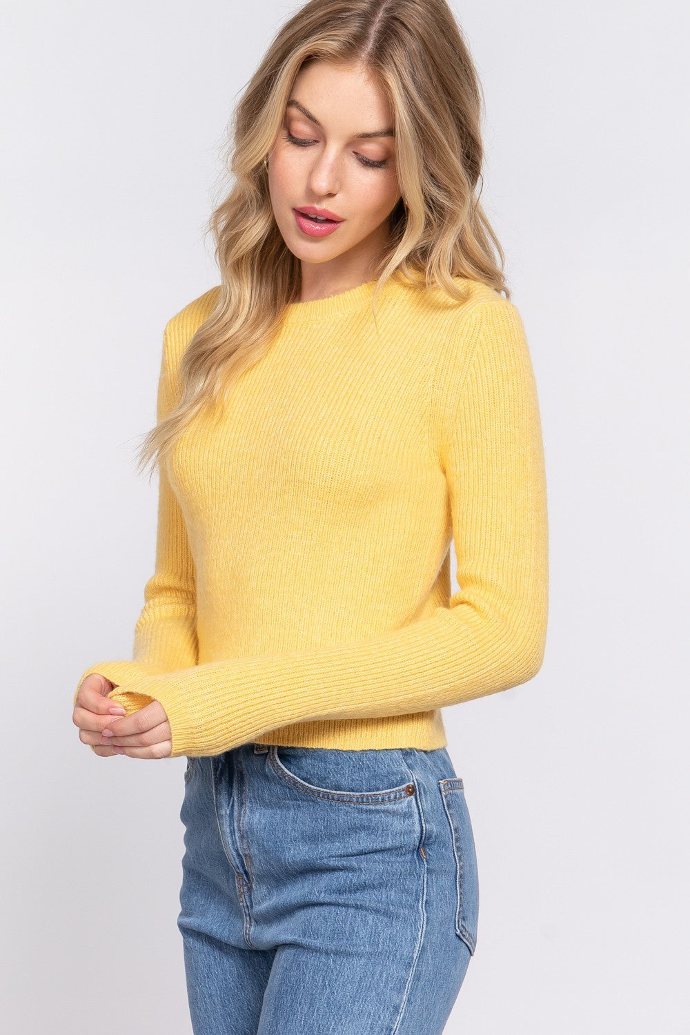 Long Sleeve Crew Neck Sweater Top - Yellow image 0