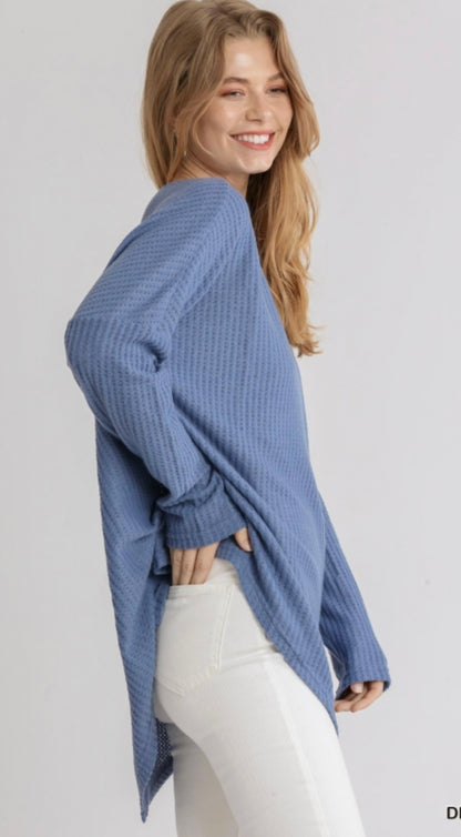 Blue Waffle Knit Long Sleeve Round Neck Top with Asymmetrical Hem image 1