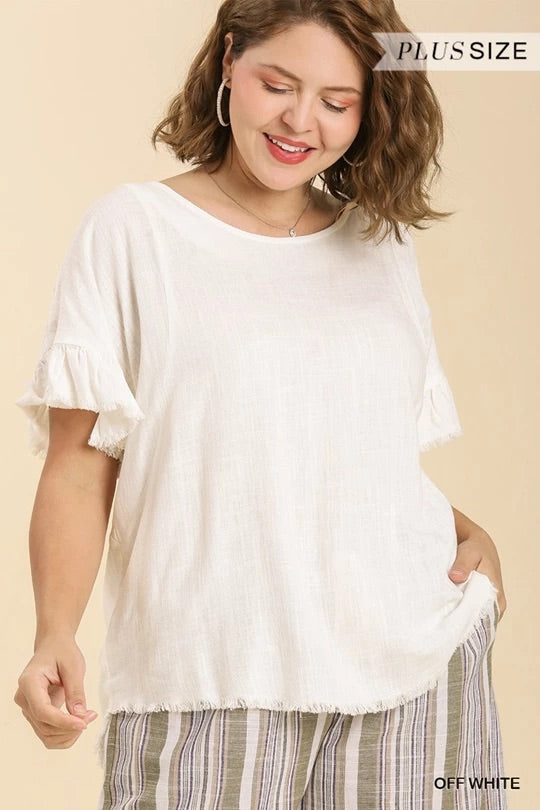 Off White Linen Blend Round Neck Ruffle Sleeves Top image 0