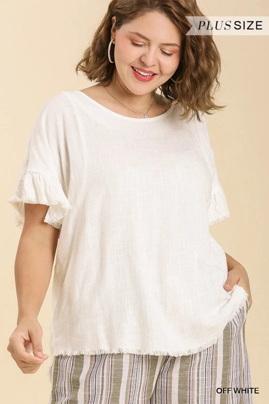 Off White Linen Blend Round Neck Ruffle Sleeves Top image 0